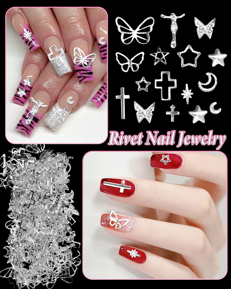 520 Pcs Silver Nail Charms Set - 3D Bow, Star, Heart, Butterfly