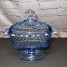 Vintage Indiana Glass Sky Blue Pedestal Lidded Compote Candy Dish Lace Edge