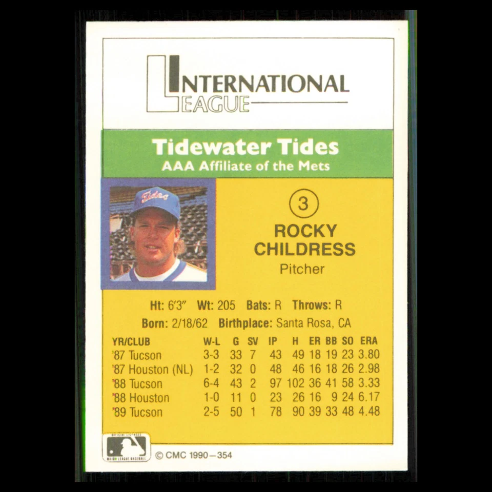 Rocky Childress #354 1990 CMC Minor League Tidewater Tides Baseball Card MLB NM - Image 2 of 3