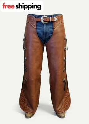 Men s Western Cowboy Riding Chaps   Genuine Cow Leather   Handmade Basket Tooled