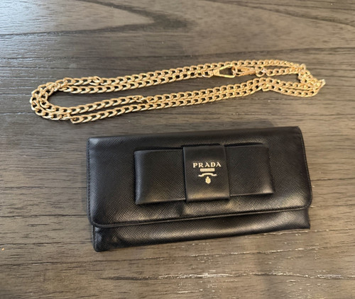 Pre-Owned Prada Ribbon Long Wallet Black Saffiano Leather Women's PRADA