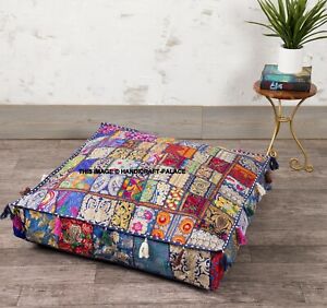 Indian Green Patchwork Large Floor Ottoman Pouf Cushion Pillow Cover Square Pet