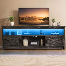 Black TV Stand With Power Outlets Barn Doors for 75 in TVs Entertainment Center