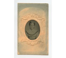 TINTYPE STUDIO PORTRAIT PRETTY LADY W/ BOW IN HAIR, 1/16 PLATE, PERIOD MAT