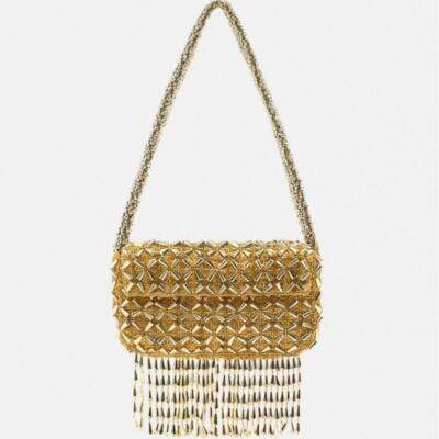 NWT Zara Gold Beaded Shoulder Bag With Fringe Evening Clutch