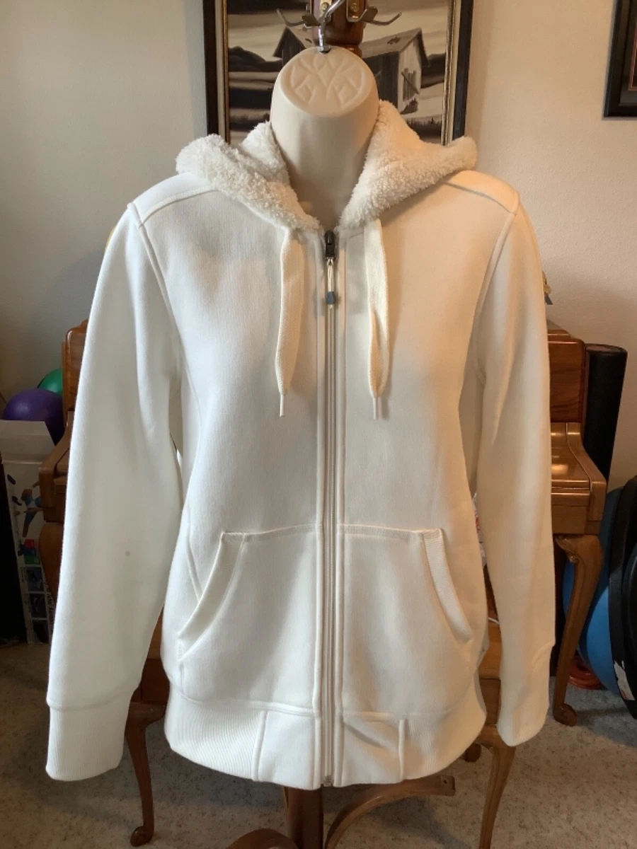 EDDIE BAUER Women's LARGE Off White Hooded SWEATSHIRT Faux Fur Lined Full  Zip