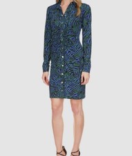 $155 Michael Kors Women's Blue Zebra-Print Ruched Mini Shirt Dress Size XS