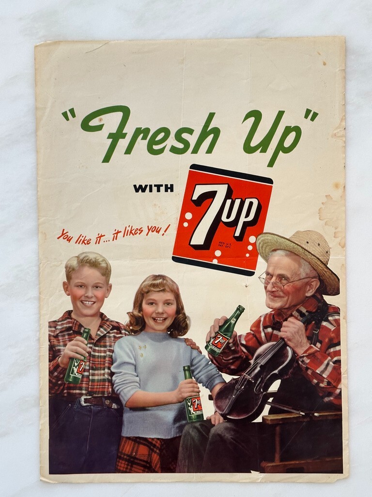 1940s SEVEN-UP Soda 7UP Paper Poster SIGN Vintage Advertising