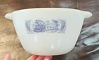Vintage Currier & Ives White Milk Glass Blue Train Railroad Mixing Bowl 7.25"x4"
