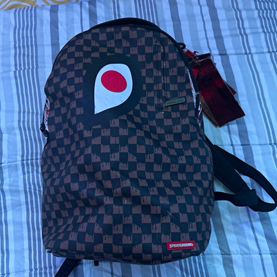 Sprayground Checkered Shark Mouth Backpack Black Brown Red White Zip Pockets