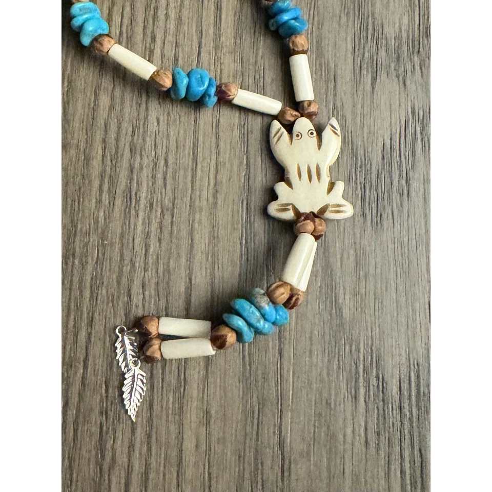 Vtg Navajo Necklace Turquoise, Buffalo Bone, Carved Turtle Talisman Tassel 24” L - Image 3 of 4