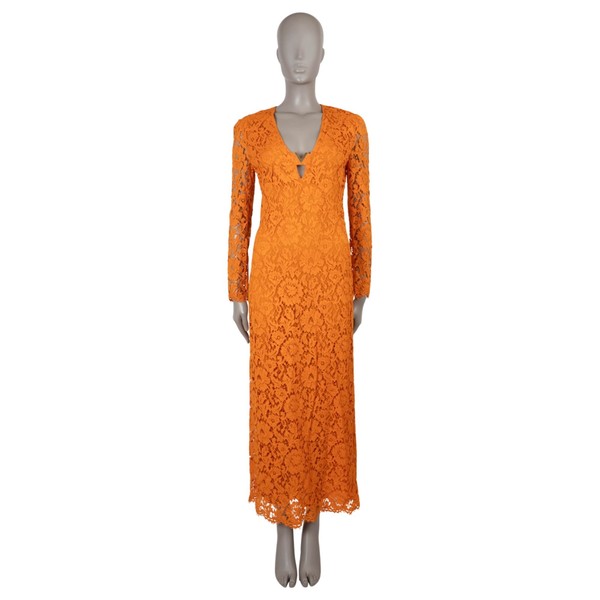 74085 Auth VALENTINO Orange Viskose 2022 VLOGO CORD SPITZE MAXI Kleid XS