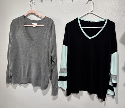 Lot of 2 Knit Tops Womens M Long Sleeve V-Neck Relaxed Fit Shirts H&M, French Ki
