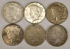 Lot Of 6 Peace Silver Dollars 1922 D&S, 1924 S, 1925, 1926, 1934 S 90% Silver P2