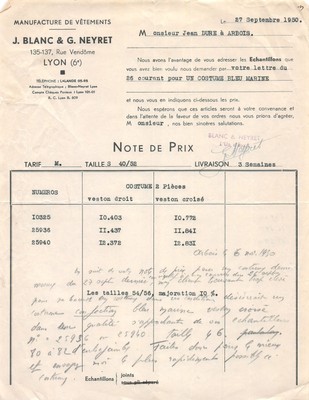 1950 MANUFACTURE DE VETEMENTS J BLANC ET G NEYRET A LYON - M. HARD TO ARBOI