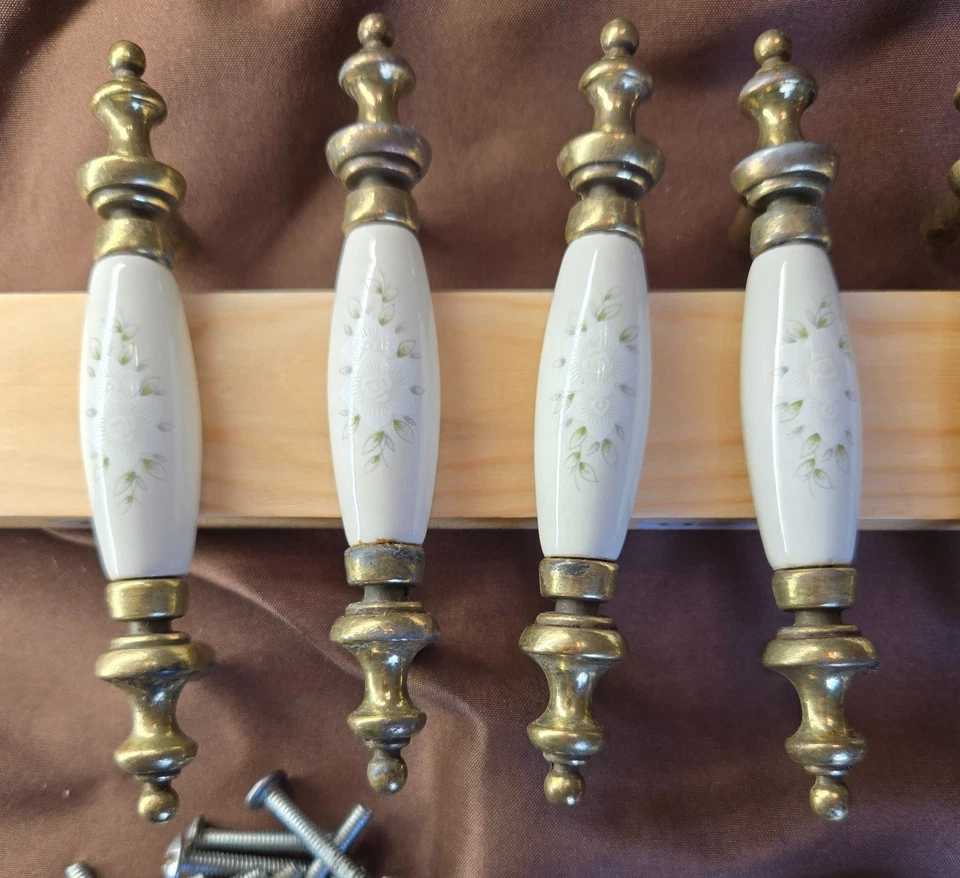 Vintage Floral Porcelain And Brass Drawer Pulls Set Of 12 4.75"-3" Center - Image 4 of 4