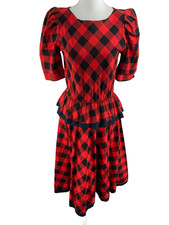 Choon Vtg Womens 7/8 Plaid Peplum Below Knee 70s Puff Sleeve Dress A-Line