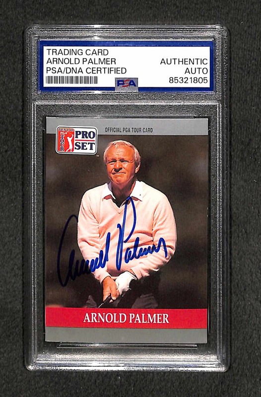 Signed Arnold Palmer 1990 Pro Set Golf #80 Rookie Card HOF (RC) Auto in Blue PSA