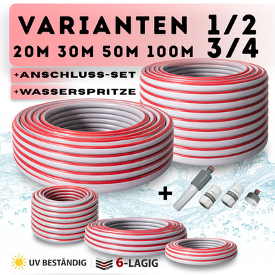 PREMIUM 6-lagiger 1/2 3/4 Zoll Gartenschlauch 1m 20m 30m 50m 100m Wasserschlauch