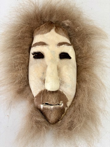 Vintage Handcrafted Alaskan Inuit Caribou Hide & Fur Mask Great Wall Decor