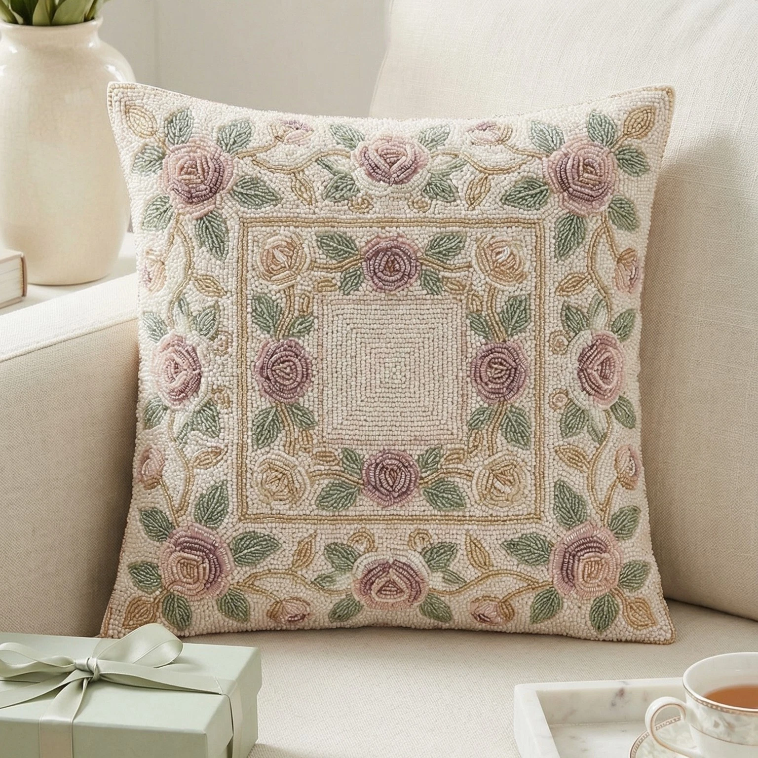 Handmade Beaded Floral Rose Throw Pillow Cover Vintage Shabby Chic Decorative