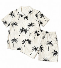 Men's Hawaiian 2-Piece Set Collared Short Sleeve Shirt Shorts White/Black L
