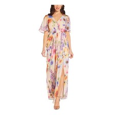 Adrianna Papell Womens Size 4 Floral Flutter Maxi Dress In Praline Multicolor