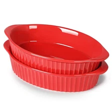2-Pack Red Porcelain Small Oval Au Gratin Pans Baking Dish Set for 1-2
