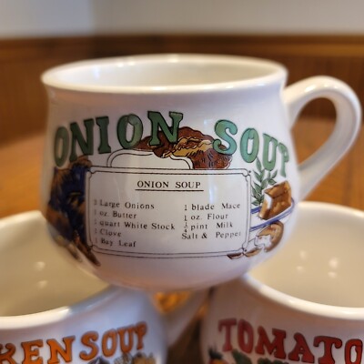 VTG Recipe Soup Mugs Bowls Planters Set of 3 Chicken Onion Tomato Ceramic EUC 