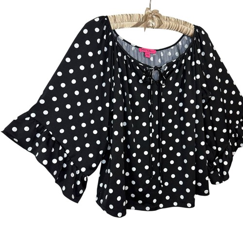 Betsy Johnson Top S Wide Sleeve Black White Polka Dot Shirt Popover Tie Blouse - Picture 3 of 8