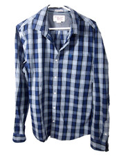 Penguin Mens Shirt L Navy Blue Plaid Slim Fit Long Sleeve Button Front Collared
