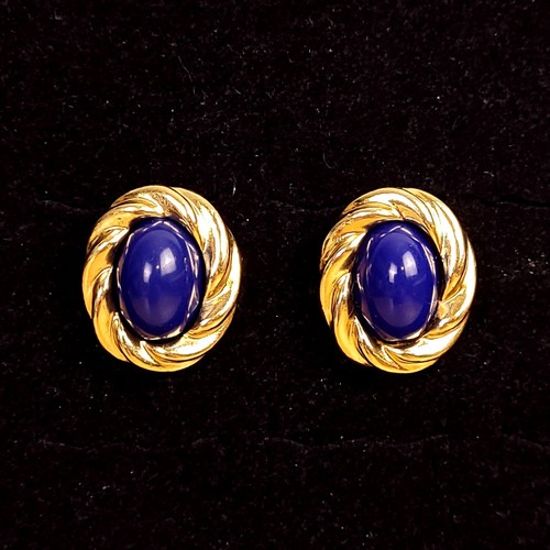 Avon Cabochon Earrings Kenneth Jay Lane KJL Navy Blue Gold Oval Rope Post Pierce
