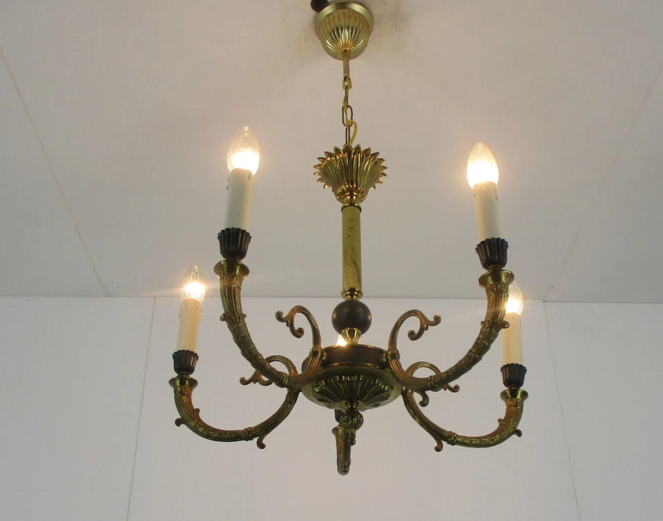 Lámpara de araña 5 brazos con luces renacimiento Imperio francés verde Toleware pequeño   Foto 2 de 4