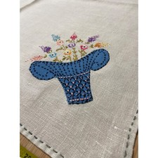 Vintage Hand Embroidered Table Cloth Basket Flowers 32"x32"