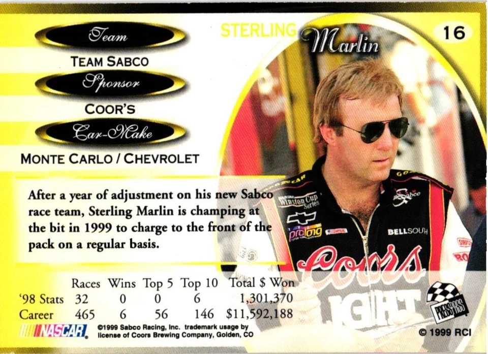 Sterling Marlin Press Pass 1999 Premium /16 - Image 2 of 2