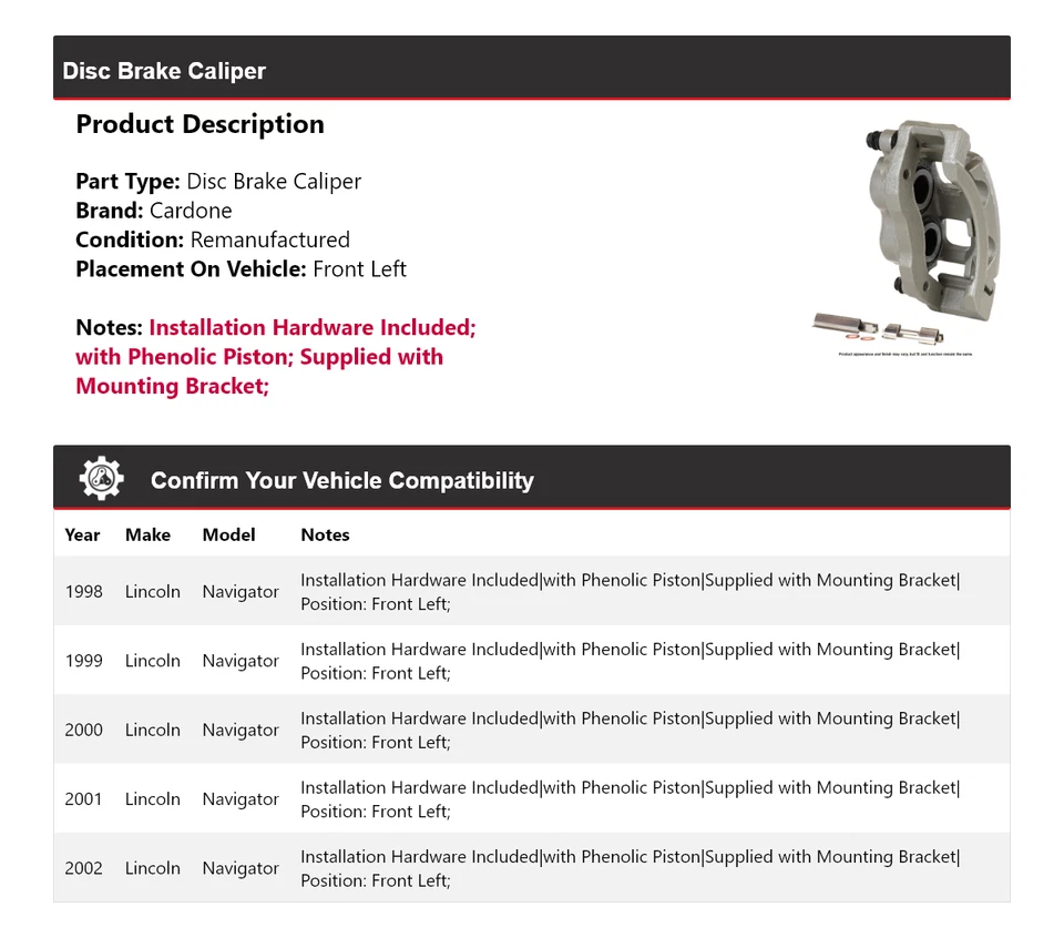 Pinza de freno de disco delantera izquierda Cardone 1999 2000 para Lincoln Navigator 1998-2002 Foto 2 de 4