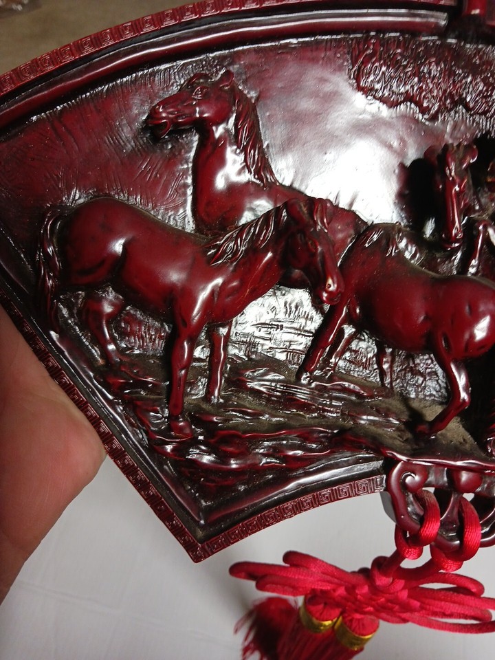 Chinese Hand Woven Knot Plaque Fan Shaped Hanging Resin Wall Decor