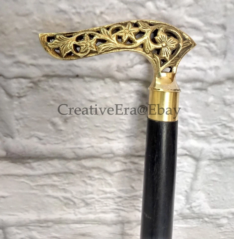 Bastón antiguo con mango de lobo victoriano de madera negra con incrustaciones de latón regalo Foto 2 de 4