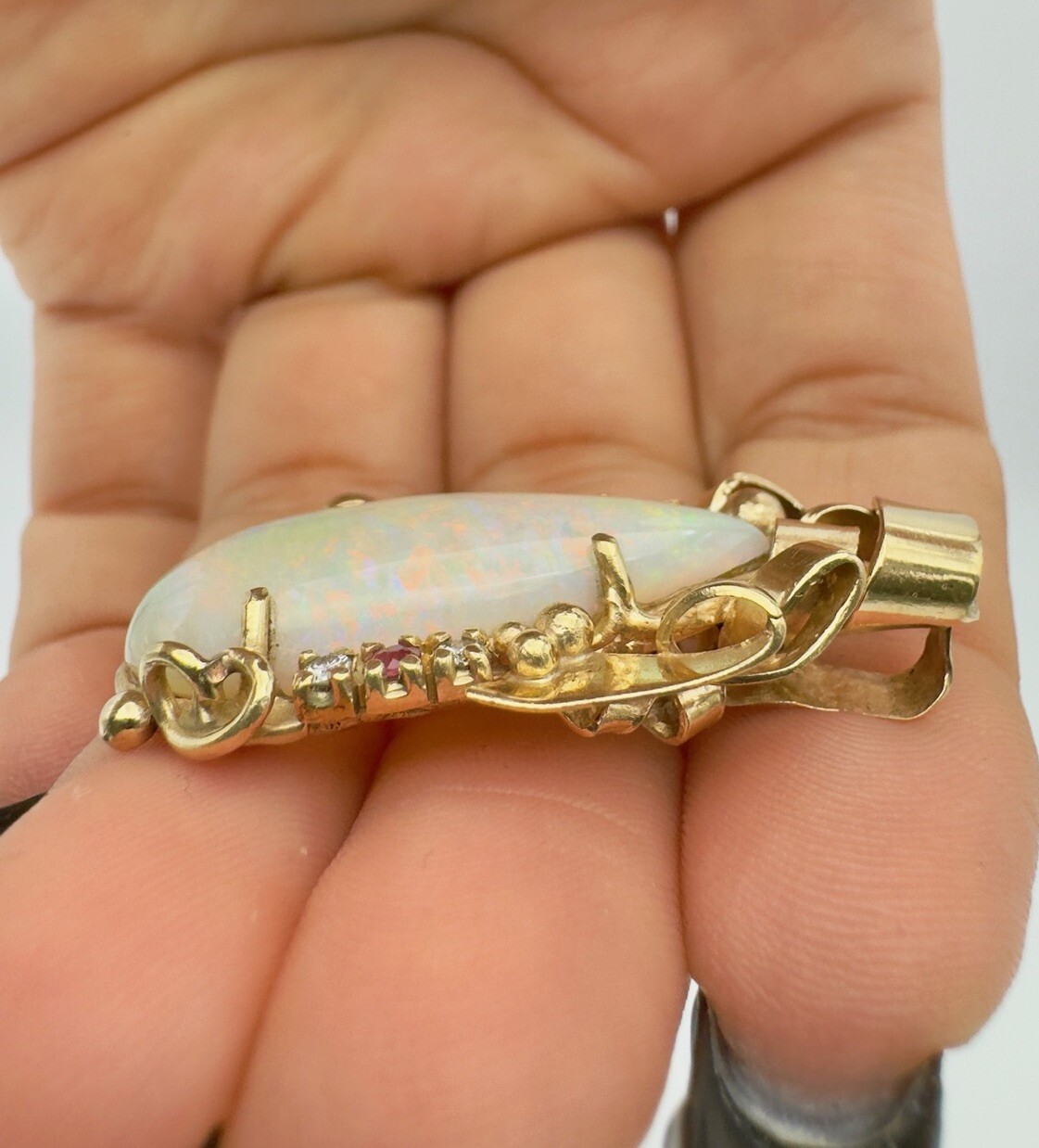 Vtg 14k Yellow Gold Australian Fire Boulder Black Opal Diamond & Ruby