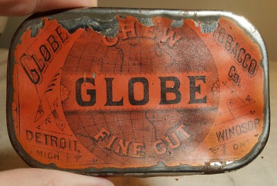 RARE GLOBE TOBACCO COMPANY FINE CUT TIN CONTAINER & AMBERGLASS BARREL  SHAPED JAR