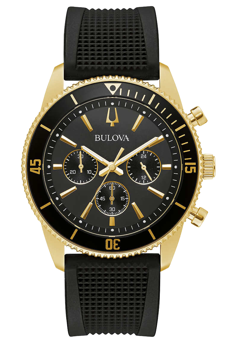 Bulova 98A250 Chronograph Black Resin Strap Gold Tone Men's Watch