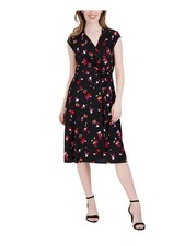 SIGNATURE BY ROBBIE BEE Womens Cap Sleeve Surplice Neckline Midi Faux Wrap Dress