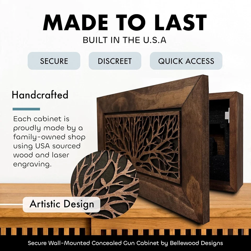 Gabinete para pistola de madera pájaros en un árbol decoración de pared - caja fuerte para pistola oculta Foto 4 de 4