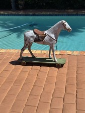 Antique Large White Paper Mache Pull Horse with Red Saddle on Wood Platform
