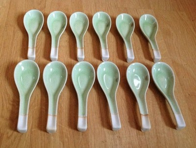 Set of 12 Miya Japan Ceramic Soup/Tea Spoons, 5 ¾ Inches Length, Light Green
