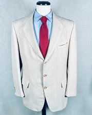 Vintage Hickey Freeman Seersucker Blazer Mens 40R Beige 3 bth Sport Coat Jacket