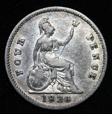 1836 William IV FOURPENCE GROAT, Bare Head Silver Coin - Fine