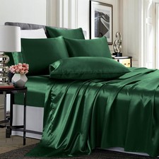 Treely Satin Sheets Queen Size - 6 Piece Blackish Green Soft Satin Bed Sheet