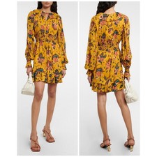 Ulla Johnson Adara Floral Silk Chiffon Minidress Womens 4 Yellow Ruffle LS