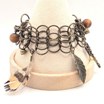 Antique Bronze Tone Boho Charm Bracelet Key Heart Feather Wood Bead Toggle Clasp